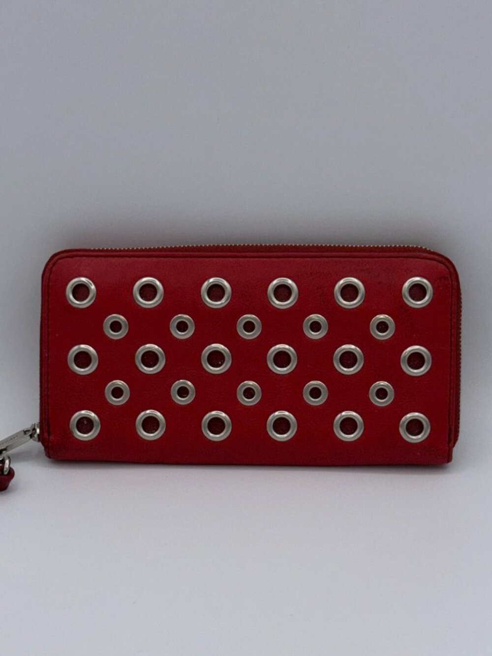 Fossil Red Leather Zip‑Around Wristlet Wallet – Studded Grommet Design